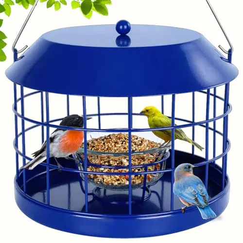 Gbekery blue metal caged bird feeder with a glass bowl inside for mealworms and seeds