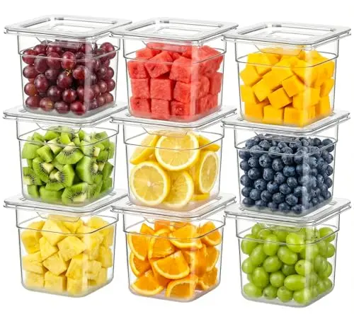 West Bay clear polycarbonate hotel pans with lids, stacked to show transparency and space-saving design.