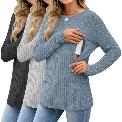 Sweetyweee 3-pack of long-sleeve nursing tops with hidden side zippers in solid colors.