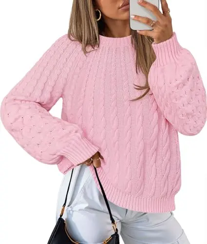 MEROKEETY women's cable knit sweater with lantern sleeves in pink