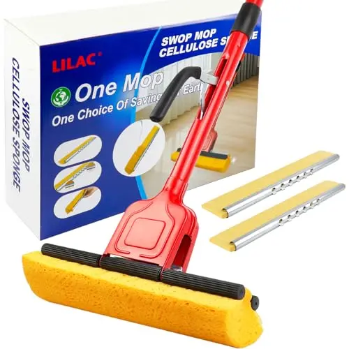 LILAC Pop Up Roller Sponge Mop with red and yellow handle and two replacement heads