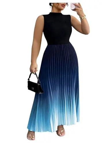 SOLY HUX Women's Ombre Pleated Maxi Dress in Blue Gradient