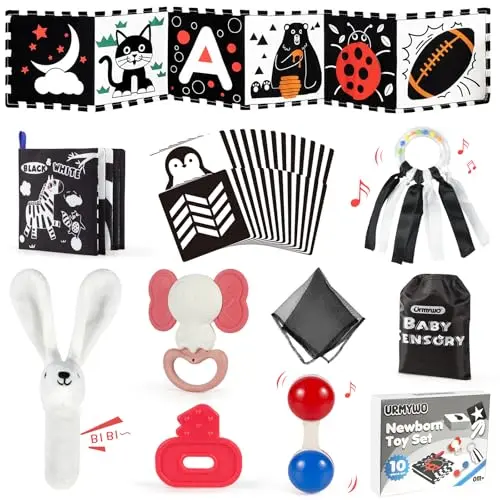 URMYWO 10-piece baby toy set including black and white cards, rattles, teethers, and a soft book
