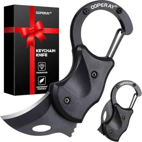 Small black folding pocket knife with keychain for everyday carry