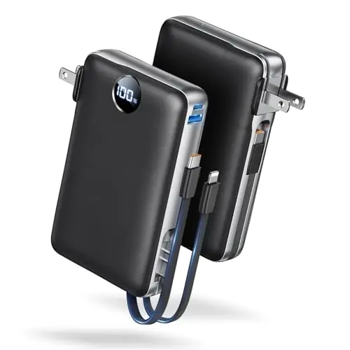 Sucrosey 50000mAh power bank with built-in cable and foldable AC wall plug