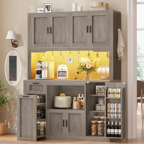 ITARR tall grey kitchen pantry cabinet with built-in LED light and a 3-tier rolling cart