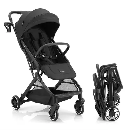Gromast Compact Fold Stroller showing its extendable UPF50+ canopy and cup holder