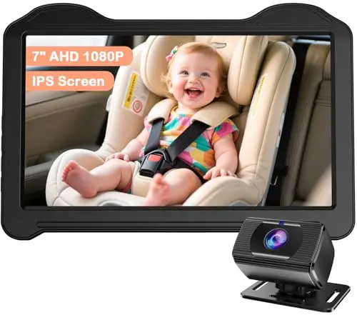 Fodkh 7-inch HD baby car camera with a simple strap mount on a car headrest.