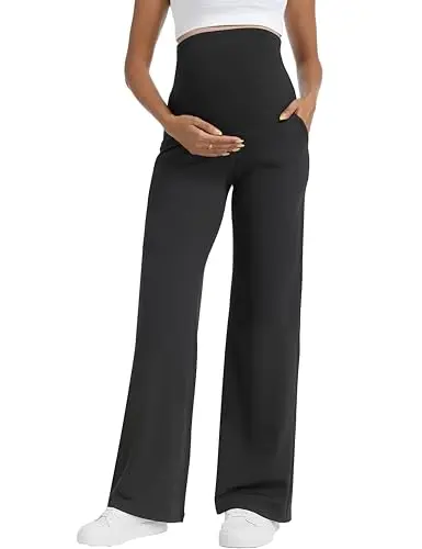 Foucome wide-leg maternity yoga dress pants in black.