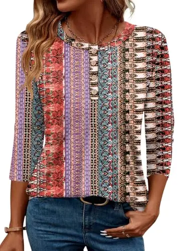 LOMON Tunic Top in Bohemian Red, showing 3/4 sleeve and crewneck design