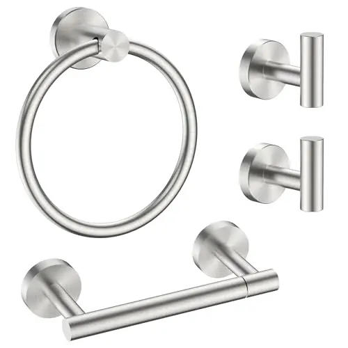 FORIOUS 4-piece bathroom set with toilet paper holder, towel ring, and hooks in brushed nickel