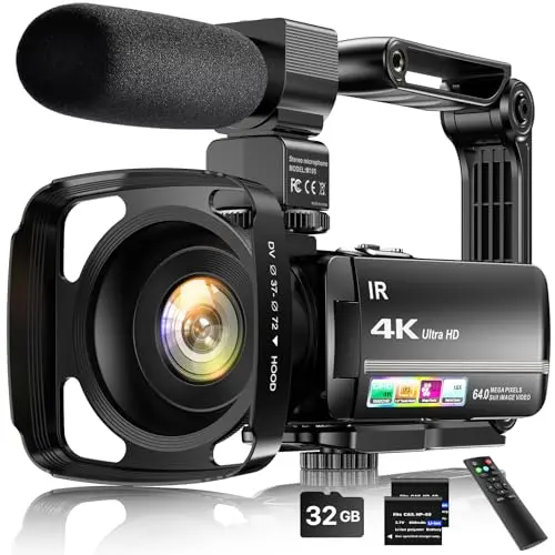 FJFJOPK 4K video camcorder with handheld stabilizer attached