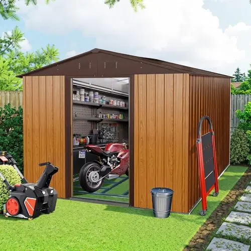 Lyngins large 8x10 foot iron storage shed with sliding doors in coffee color