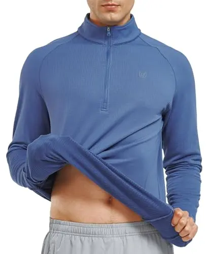 Northyard Men's Quarter Zip Pullover in dusty blue, showing waffle knit texture and quarter-zip design