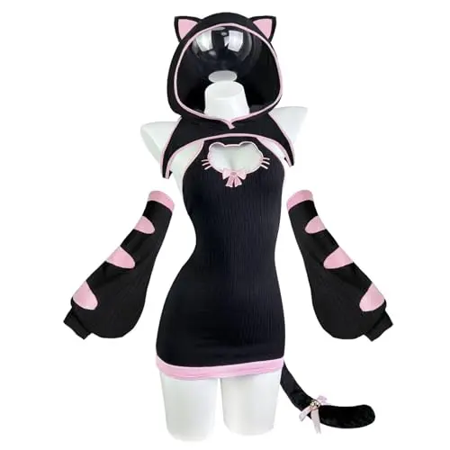 KORURACLUB Sexy Cat Maid Outfit in black tabby, featuring leggings and a tail for a complete cosplay look