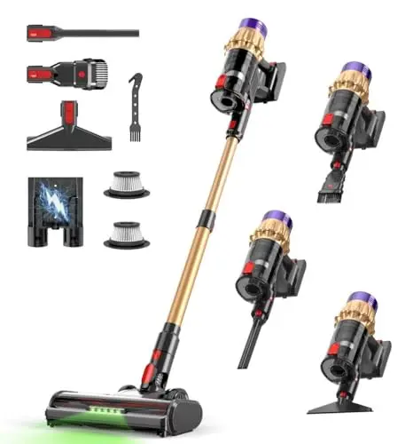 Hotanime purple and gold cordless stick vacuum standing upright next to a sofa.