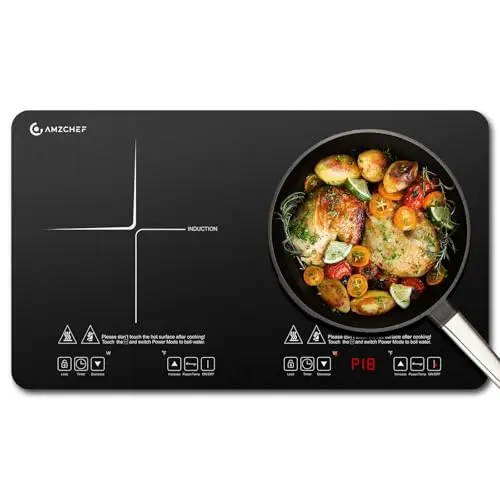 AMZCHEF portable dual induction cooktop with two burners on a sleek black glass panel.