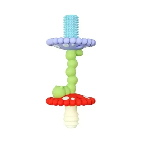 RaZbaby Chompy Teether Wand, a multi-colored silicone tube with a central safety shield