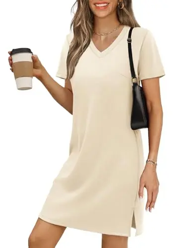 RUMIA Mini Vacation Dress in beige with V-neck and side-slit hem
