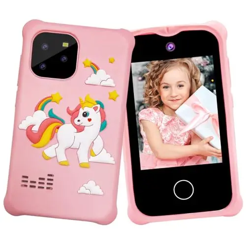 Pink kids smart learning toy phone with unicorn case and touchscreen