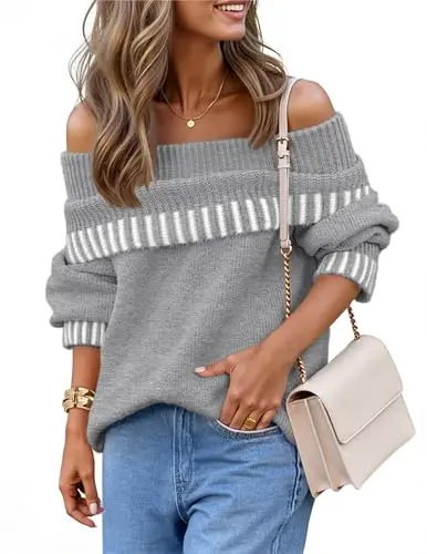 MEROKEETY women's off-shoulder ribbed knit sweater in grey