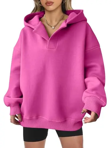 Anrabess V-neck oversized hoodie in hot pink