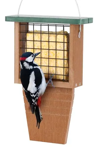 Gtongoko green plastic suet bird feeder with tail prop hanging outside