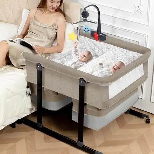 Jestonten Twin Bassinet for 2 Babies in Khaki, foldable with musical toys