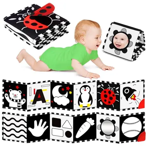 BBWOO soft black and white high contrast cloth book for babies with a mirror and teether
