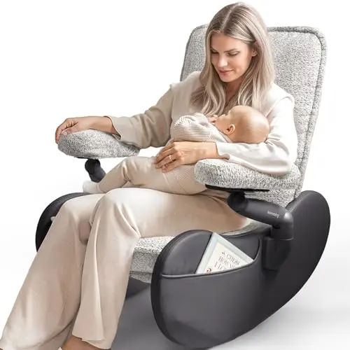 MAMAZING black and grey upholstered nursery rocking chair glider with adjustable armrests