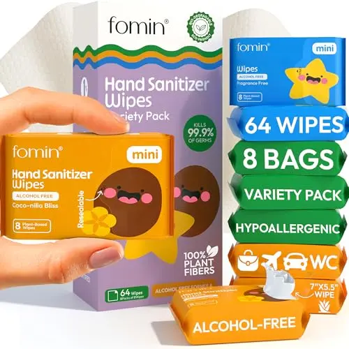 Fomin Mini Hand Sanitizer Wipes pack showing compact size and variety pack