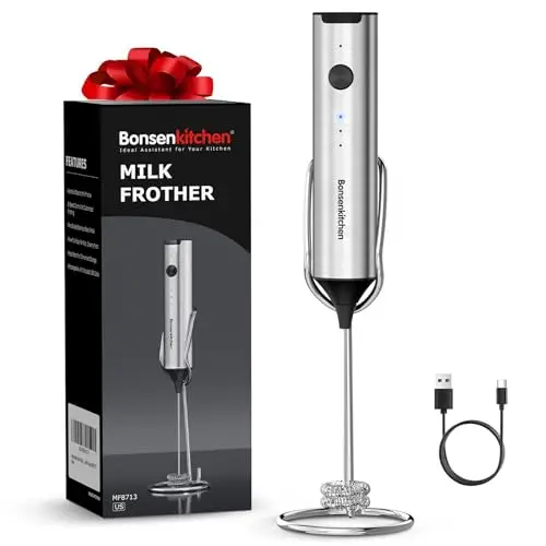 Bonsenkitchen rechargeable milk frother in silver with stand and dual spring whisk