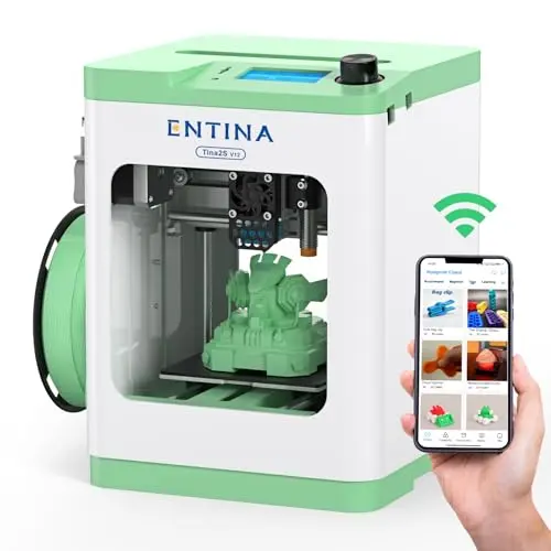 Entina Tina2S WiFi 3D printer with green accents and LED light