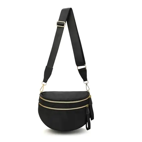 Black and white checkered crossbody bum bag worn around the waist