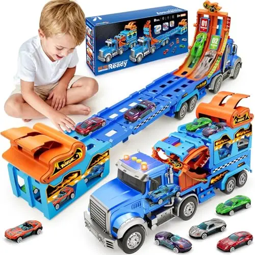 Blue carrier truck toy that unfolds into a race track with small metal cars