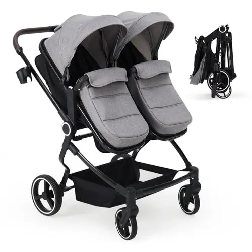 GarveeLife light grey side-by-side double stroller with high landscape seats