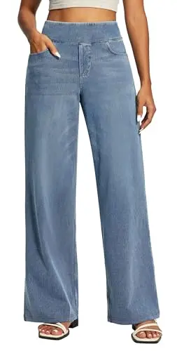 IUGA Wide Leg Jeans with double-layered waistband, showing stretchy, high-waisted design in a versatile style.