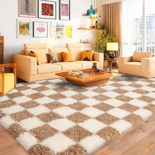 PIONBLANK beige and cream white checkered fluffy rug