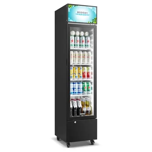 BODEGA tall, slim commercial beverage cooler with a single glass door.