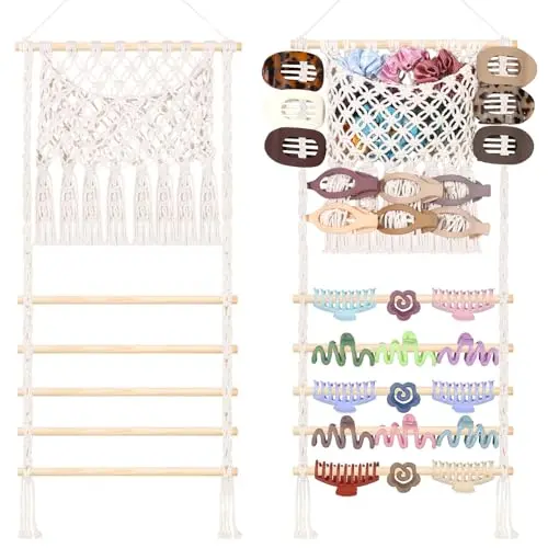 SNOWSTAR macrame mesh bag hair clip organizer hanging with a wooden stick