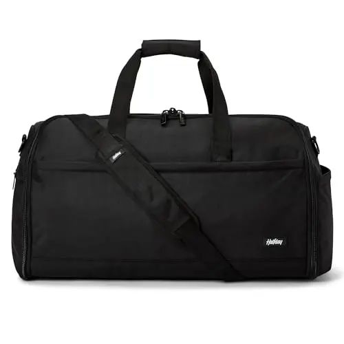 Halfday ballistic nylon garment duffel bag in jet black, showing hanging compartment