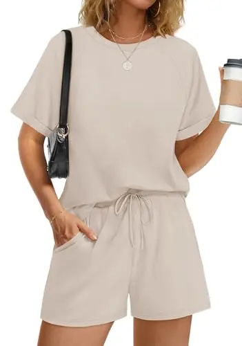 LOUNGE brand women's two-piece shorts pajama set in beige, perfect for summer sleep and travel