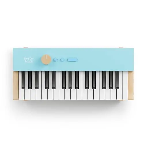 Light blue wooden digital piano for kids with 32 keys and wireless connectivity