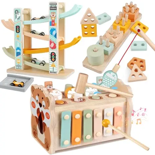 Wooden toddler toy with car ramp, shape sorter, and hammering board