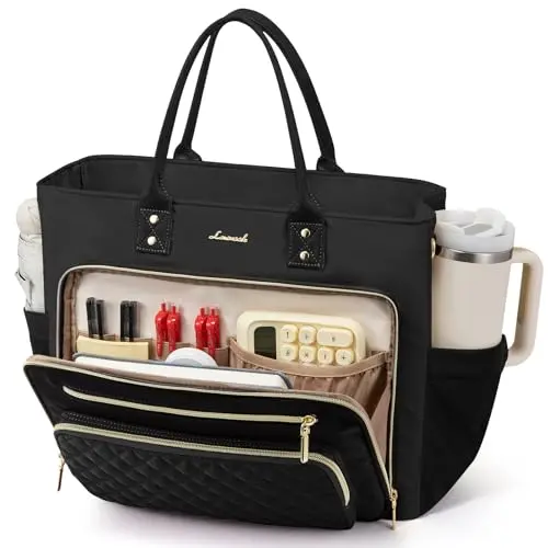LOVEVOOK black insulated lunch tote bag with cup holder and spacious interior for work