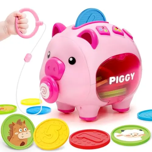 Musical Pink Piggy Bank toy with pull cord and colorful coins