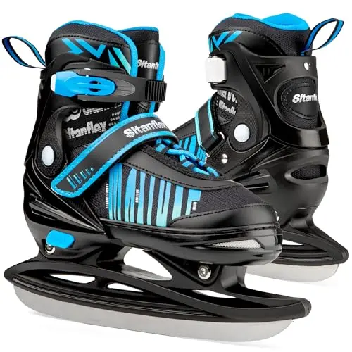 Sitanflex adjustable kids ice hockey skates in blue with a skate bag
