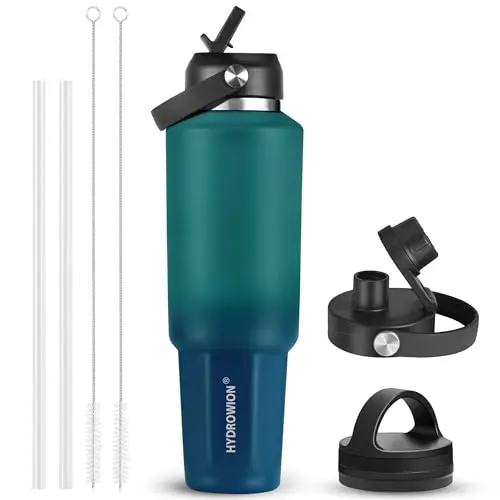 HYDROWION 40oz insulated stainless steel water bottle with three lids