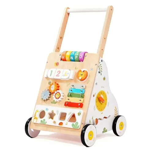 Modern wooden baby walker with activity panel featuring gears and shape sorter