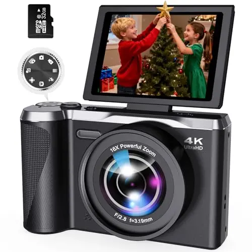 KASUKANI black compact camera with flip screen open